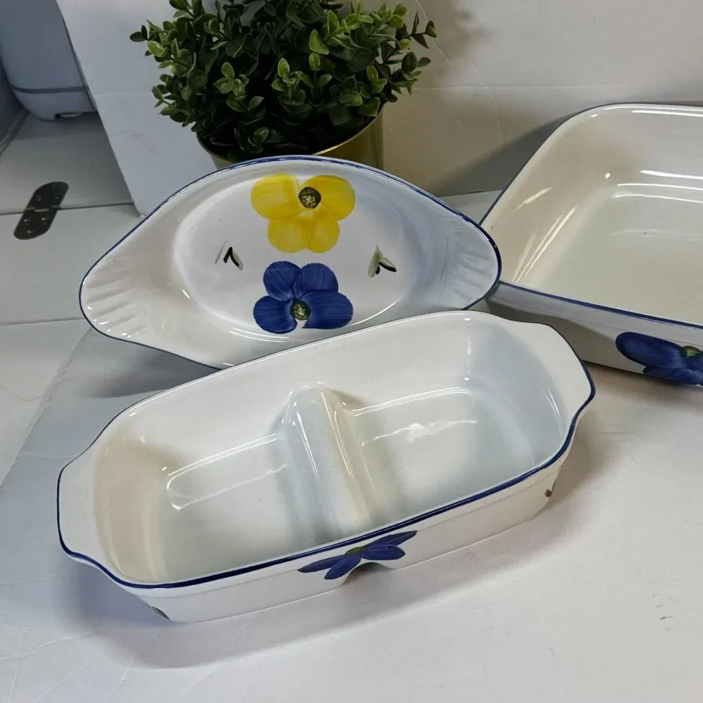 Hand Painted Portuguese Bakeware Floral Blue Yellow Divided Baker Oven To Table